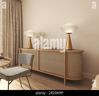 Commode avec livre, vase et lampe à l'intérieur de la salle de séjour. Fond de maquette de mur beige clair. 3d rendu. Illustration 3D de haute qualité Banque D'Images