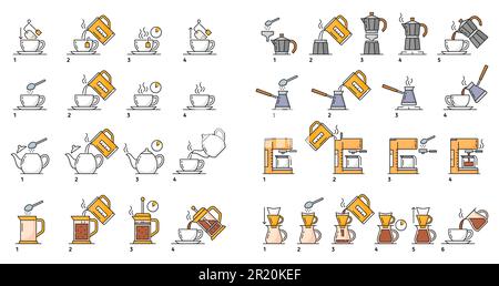 Préparation du thé et du café, instructions de préparation. Instructions vectorielles étape par étape pour la préparation d'un sachet de thé et d'une boisson au café frais avec machine à espresso, filtre, presse française et moka, pictogrammes de contour de la cezve Illustration de Vecteur