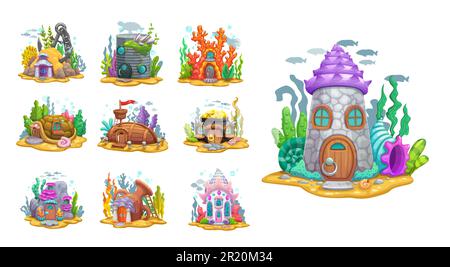 Bâtiments sous-marins de maison de fées de dessin animé pour les ressources de jeu, les maisons de maisons sous-marines de vecteur. Mermaid poissons ou créatures marines maisons dans le récif de corail, bateau en bois, coquillages et pot maison avec portes et fenêtres Illustration de Vecteur