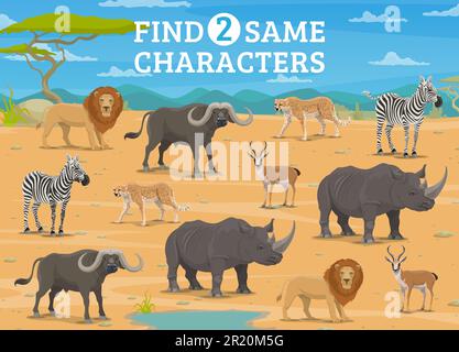 Trouvez deux personnages animaux africains de la même bande dessinée. Feuille de travail vectorielle avec nuances de zébra, rhinocéros, buffle, lion, antilope et guépard. Jeu pour enfants pour le développement de la cognition visuelle, des loisirs ou de l'éducation Illustration de Vecteur