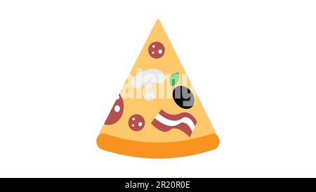 tranche de pizza sur fond blanc, illustration vectorielle. une tranche triangulaire de pizza farcie de champignons, de bacon, d'olives et de salami. calorie élevée, Illustration de Vecteur