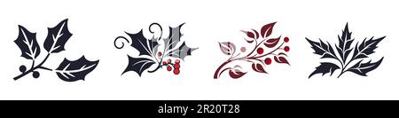 Ensemble de plantes vectorielles de Noël. Holly Berry, arbre de noël, pin, branches de feuilles. Illustration vectorielle. Illustration de Vecteur