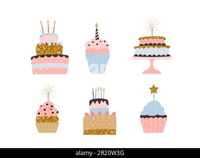 Collection vecteur gâteau d'anniversaire joyeux. Des desserts festifs dans un style minimaliste tendance. Gâteaux et cupcakes à la crème et aux bougies. Illustration de Vecteur