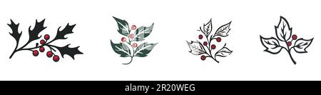 Ensemble de plantes vectorielles de Noël. Holly Berry, arbre de noël, pin, branches de feuilles. Illustration vectorielle. Illustration de Vecteur