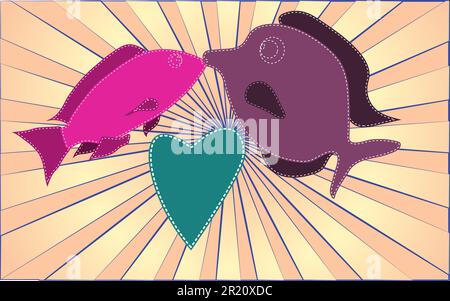 Deux poissons et coeurs amoreux de rivière de l'aquarium sur fond de rayons jaunes abstraits. Illustration vectorielle. Illustration de Vecteur