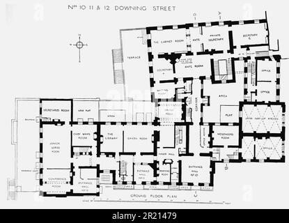 Plan d'étage du 10 Downing Street à Londres, la résidence officielle et le bureau exécutif du Premier ministre britannique. C'est le siège du Gouvernement du Royaume-Uni. Situé dans Downing Street dans la ville de Westminster, Londres, le Number 10 a plus de 300 ans et contient environ 100 chambres. Une résidence privée pour le premier ministre occupe le troisième étage et il y a une cuisine au sous-sol. Les autres étages comprennent des bureaux et des salles de conférence, de réception, de salon et de salle à manger. Banque D'Images