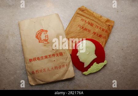 Pendant la Révolution culturelle, le culte de la personnalité de Mao s'est manifesté dans le port omniprésent de badges représentant le président Mao, et de personnes portant un petit livre rouge avec les écrits de Mao, qui seraient étudiés et cités à chaque occasion. Banque D'Images