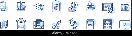 Icônes liées à l'école. Sujets, sac à dos, chapeau de remise des diplômes et déjeuner. Ensemble d'icônes de contour pixel Perfect et modifiables Illustration de Vecteur