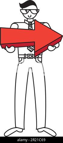 Homme d'affaires tenant la flèche montrant le vecteur de direction. Homme d'affaires souriant portant des lunettes montrant la voie de la réalisation des objectifs. Vision du leadership et aspir Illustration de Vecteur