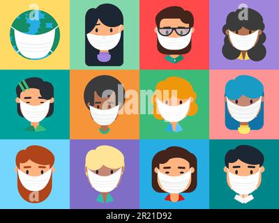 Portrait de personnes diverses dans le masque de visage vectoriel plat. Têtes de groupe multiraciales, hommes et femmes, portant un masque de protection. COVI dans le monde entier Illustration de Vecteur
