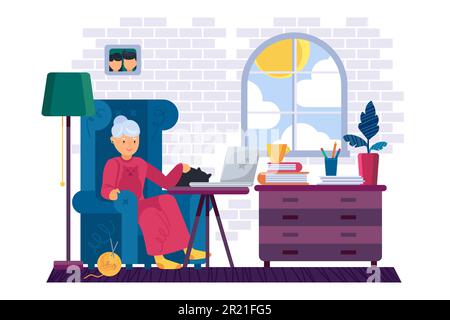 Grand-mère travaillant sur un ordinateur portable à la maison Vector. Grand-mère assise dans un fauteuil, petting animal domestique de chat et regarder la vidéo ou parler avec famil Illustration de Vecteur