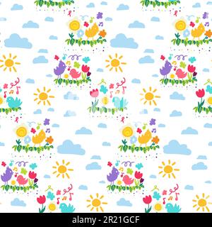 Papier peint à motif de dessin animé sans couture motif vectoriel plat. Collection répétable d'oiseaux, de fleurs, de nuages, d'éléments graphiques de soleil. Chambre pour enfants Illustration de Vecteur