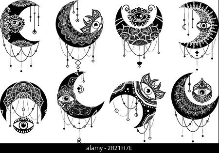 Ensemble d'icônes linéaires du symbole de contour de lune en croissant. Mascottes ethniques spirituelles ésotériques. Décoration Zentangle avec élément de mandala. Contour vectoriel isolé Ill Illustration de Vecteur
