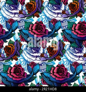 Motif baleine en roses transparent vectorisation de papier peint. Œuvre d'art dessinée à la main de belles fleurs de rose peintes colorées avec des feuilles vertes sur le haut de la voile M. Illustration de Vecteur