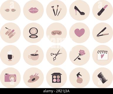 Salon de beauté service Icon collection set vecteur. Ciseaux et peigne, pulvérisateur et fer à friser pour la coiffure. Poudre et vernis à ongles, rouge à lèvres a Illustration de Vecteur