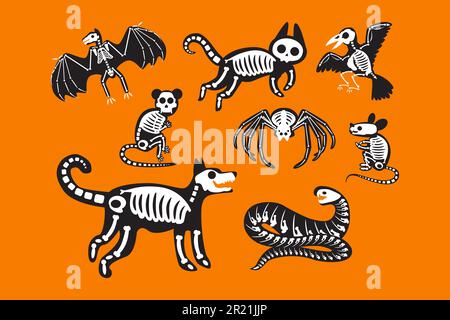 Squelette animal halloween célébration ensemble vecteur. Serpent et souris, rat et chauve-souris, chien et chat animal domestique, araignée et corbeau. Décor effrayant pour les fêtes de fin d'année Illustration de Vecteur