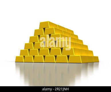 Des piles de lingots d'or ou golden bullion bars sur fond blanc Banque D'Images