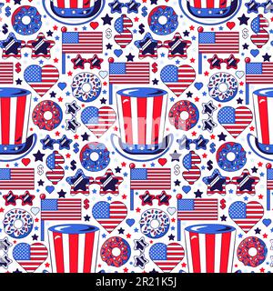 Vecteur de schéma alimentaire national américain sans couture. Drapeau américain décoré de chapeau et forme de coeur, beignet et biscuit sucré traditionnel dessert nourriture. Amérique Illustration de Vecteur