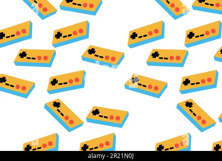 Un motif de jaune et bleu vieux rétro hipster joysticks, manipulateurs, consoles des années 80, 90 pour une console de jeu pour les jeux vidéo sur un W Illustration de Vecteur