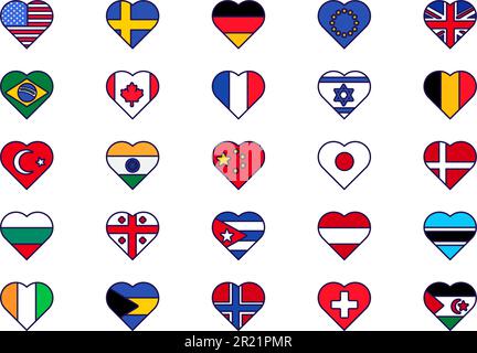 Pays drapeau en forme de coeur icône définir vecteur. Les Etats-Unis et la france, la géorgie et la suisse, l'allemagne et l'italie, israël et l'europe sont le symbole de la liberté dans l'amour Illustration de Vecteur