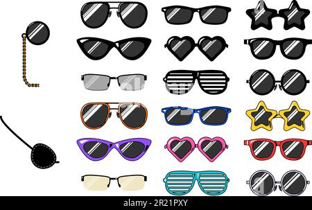 Jeu de lunettes de soleil classiques et de club, de plage, de femmes et d'hommes, de monocle sur la chaîne. La santé oculaire et la protection de la vue. Vecteur de couleur isolé sur Illustration de Vecteur
