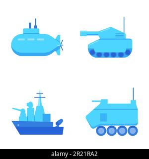 Icône des machines de guerre définie en style plat et ligne. Symboles de transport militaire et de véhicules de combat. Illustration vectorielle. Illustration de Vecteur