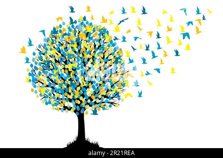 Arbre abstrait avec des oiseaux qui volent de lui Illustration de Vecteur