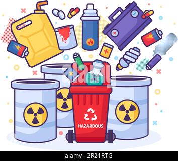 Un tas de vieux articles combustibles et inflammables tombent dans une poubelle ouverte. Tas de produits chimiques et de l'industrie des carburants. Problème de pollution dangereuse. Simple c Illustration de Vecteur