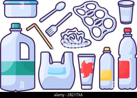 Ensemble d'objets plastiques indésirables. Articles hors d'usage et sujets à la mise au rebut. Recyclage des produits industriels en plastique et en polyéthylène. Dessin animé simple o Illustration de Vecteur