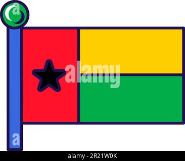 Drapeau national de la Guinée-Bissau sur le vecteur flagstaff. Ligne verticale rouge avec étoile noire au centre, pôle horizontal jaune et vert sur le symbole officiel de i Illustration de Vecteur