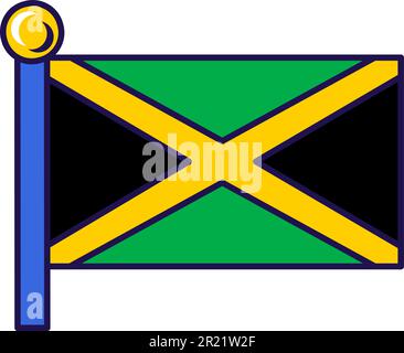 Drapeau de l'île du pays de la Jamaïque sur le vecteur flagstaff. Croix diagonale dorée, triangle vert et noir sur le symbole officiel et patriotique de la liberté. Territoire Illustration de Vecteur