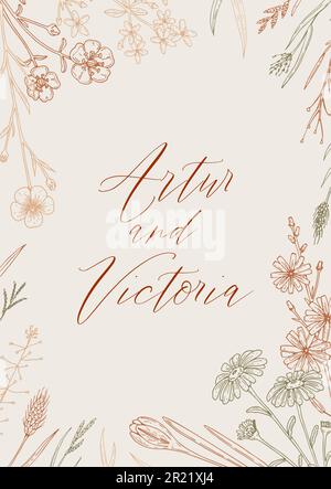 Invitation à un mariage avec herbes d'été dessinées à la main. Motif fleurs sauvages verticales. Illustration vectorielle dans le style d'esquisse. Fleurs de prairie arrière-plan esthétique Illustration de Vecteur