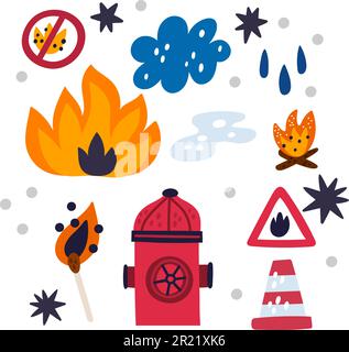 Pompier d'animaux. Sécurité incendie. Panneau d'avertissement relatif aux poteaux incendie et aux enfants. Matchstick et feu de joie. Nuage de pluie. Symbole de flamme brûlante. Feu de camp interdit Illustration de Vecteur