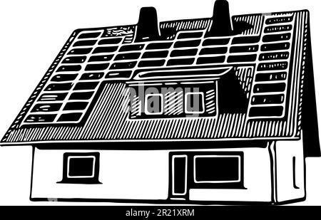 Illustration d'une maison avec panneaux solaires sur le toit. Vecteur de lignes noires devant un arrière-plan transparent. Illustration de Vecteur