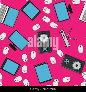 Motif et texture fluides des appareils numériques modernes, gadgets, tablettes, smartphones, souris, haut-parleurs, moniteurs, ordinateurs portables, routeurs pour internet, calcul Illustration de Vecteur