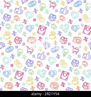 Vente objets motif sans couture avec sac de shopping, remise, boîte surprise cadeau avec noeud, argent et carte bancaire. Décoration pour impression sur tissu, c Illustration de Vecteur