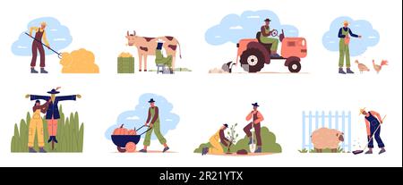 Caricature des travailleurs agricoles. Hommes ou femmes prenant soin des plantes et du bétail. Récolte agricole. Les personnes qui nourrissent des oiseaux domestiques. Jardiniers Illustration de Vecteur