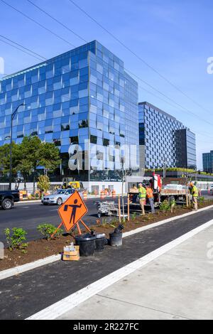 BELLEVUE, WA, États-Unis – 3 MAI 2023 : Spring District, nouvelle construction de bâtiments de bureaux en verre avec des équipes de route travaillant sur la rue et la médiane Banque D'Images