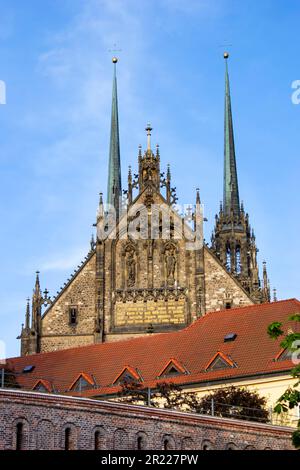 Cathédrale Saint-Pierre-et-Paul de Brno, vue sur les dômes par temps ensoleillé. Photo verticale. C'est la principale attraction de la ville de Brno, République Tchèque Banque D'Images