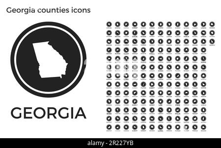 Icônes des comtés de Géorgie. Logos ronds noirs avec les cartes et titres des comtés de l'État. Illustration vectorielle. Illustration de Vecteur