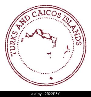 Timbre rond en caoutchouc des îles Turks et Caicos avec carte de l'île. Timbre passeport rouge vintage avec texte circulaire et étoiles, illustration vectorielle. Illustration de Vecteur