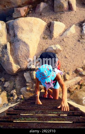 Femme grimpant une échelle sur la tour génoise de Senetosa, France, Corse, Tizzano Banque D'Images