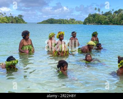 Au Vanuatu, les danseurs d'eau font référence à une forme traditionnelle de danse et de représentation qui se déroule dans ou près des plans d'eau, comme les rivières, les lacs ou l'océan. Cette expression culturelle unique illustre la grâce, l'agilité et le récit des artistes qui se déplacent en synchronisation avec le rythme de l'eau. Les danseurs d'eau manipulent habilement leur corps, créant des mouvements fluides qui imitent le flux et l'énergie de l'eau environnante. Ils portent souvent des costumes et des ornements éclatants, ajoutant de la splendeur visuelle à leurs performances captivantes. Banque D'Images