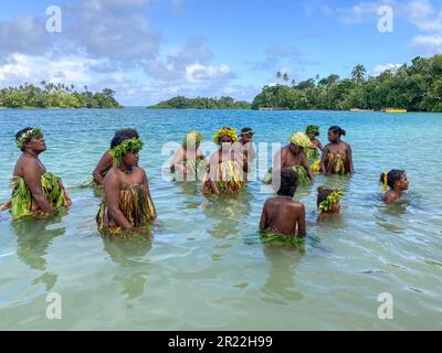 Au Vanuatu, les danseurs d'eau font référence à une forme traditionnelle de danse et de représentation qui se déroule dans ou près des plans d'eau, comme les rivières, les lacs ou l'océan. Cette expression culturelle unique illustre la grâce, l'agilité et le récit des artistes qui se déplacent en synchronisation avec le rythme de l'eau. Les danseurs d'eau manipulent habilement leur corps, créant des mouvements fluides qui imitent le flux et l'énergie de l'eau environnante. Ils portent souvent des costumes et des ornements éclatants, ajoutant de la splendeur visuelle à leurs performances captivantes. Banque D'Images