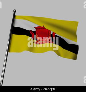 Un drapeau de Brunei avec deux bandes horizontales sur fond gris en 3D. La bande jaune supérieure couvrant les deux tiers symbolise la royauté et prosperi Banque D'Images