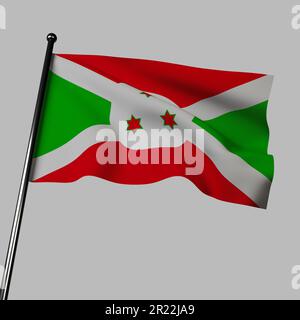 Le drapeau du Burundi se fait vagues en 3D sur fond gris. Les couleurs du drapeau, rouge, vert et blanc, représentent l'unité, l'espoir, et la paix, tandis que la croix de saltire symbo Banque D'Images