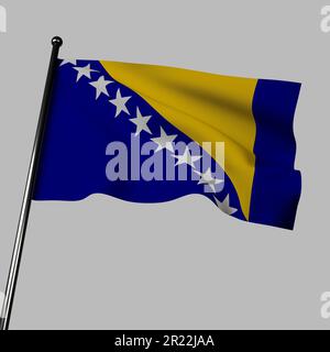 Célébrez la culture bosniaque avec ce drapeau de Bosnie-Herzégovine de 3D. Le design bleu et jaune avec sept étoiles blanches s'ondule contre un gr Banque D'Images