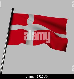 Le drapeau du Danemark 3D qui est en gris présente un champ rouge avec une croix scandinave blanche. Les couleurs symbolisent le courage, la force et le chrétien Banque D'Images