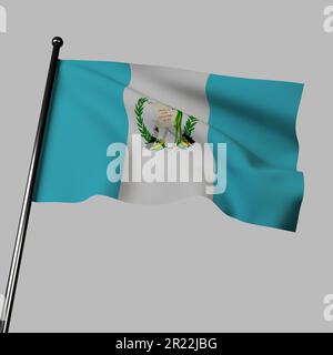 Drapeau guatémaltèque agitant dans le vent sur fond gris. 3D rendu avec des bandes verticales bleues et blanches séparées par un blason central avec Banque D'Images