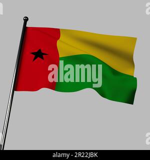 Drapeau de la Guinée-Bissau en 3D. Bandes jaunes et vertes avec une bande verticale rouge et une étoile noire. Symbolise l'unité africaine, sang versé pendant l'indépendance, Banque D'Images